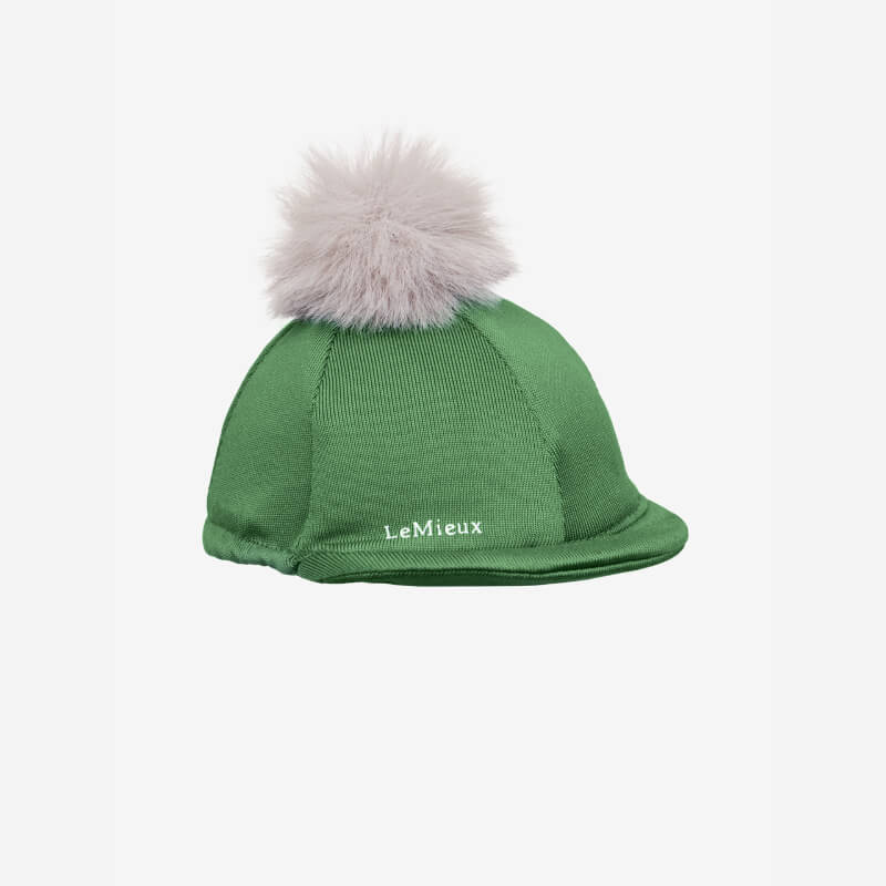 LeMieux Toy Rider Outfit Hunter Green hat cover with pom-pom, by LeMieux.