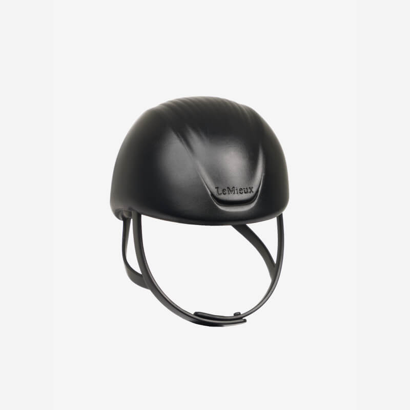 Black riding helmet with chin strap, perfect to pair with LeMieux Toy Rider Outfit Ice Blue.