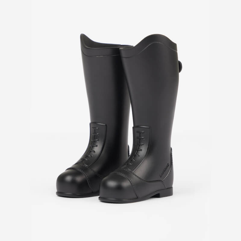 Black, tall rubber boots with laces—perfect for the LeMieux Toy Rider Outfit Chilli.