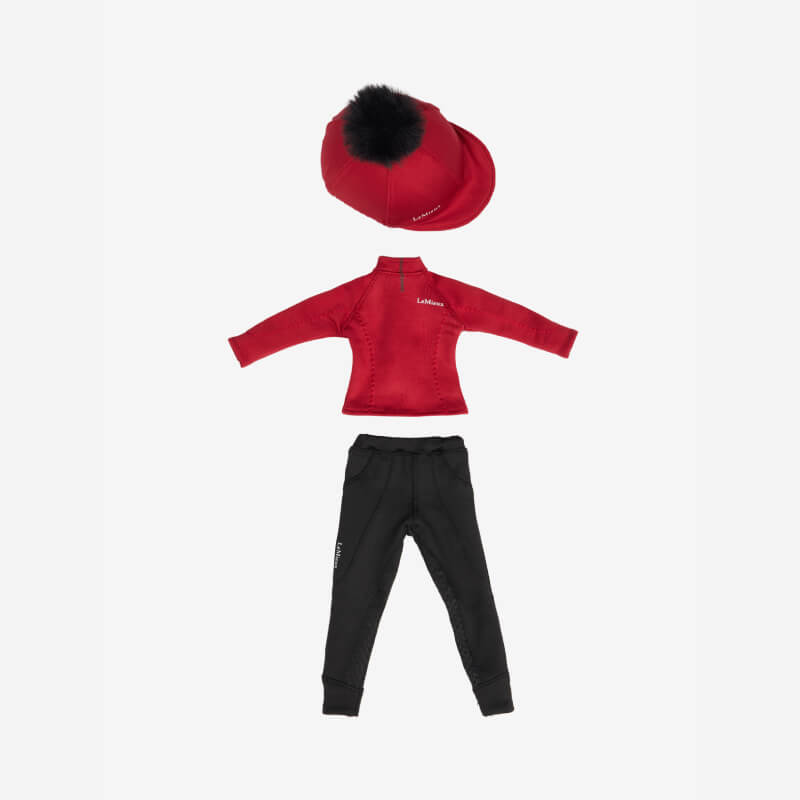 LeMieux Toy Rider Outfit Chilli: red hat with black pompom, red jacket, and black pants.