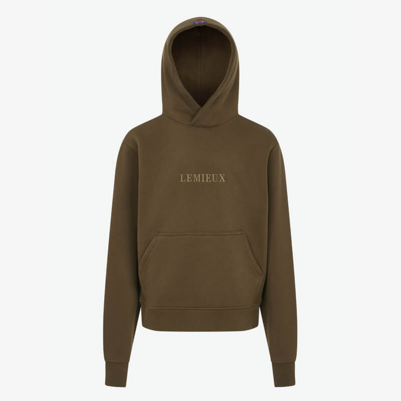LeMieux Young Rider Boys Hoodie Alpine in olive green with LEMIEUX text and kangaroo pocket.