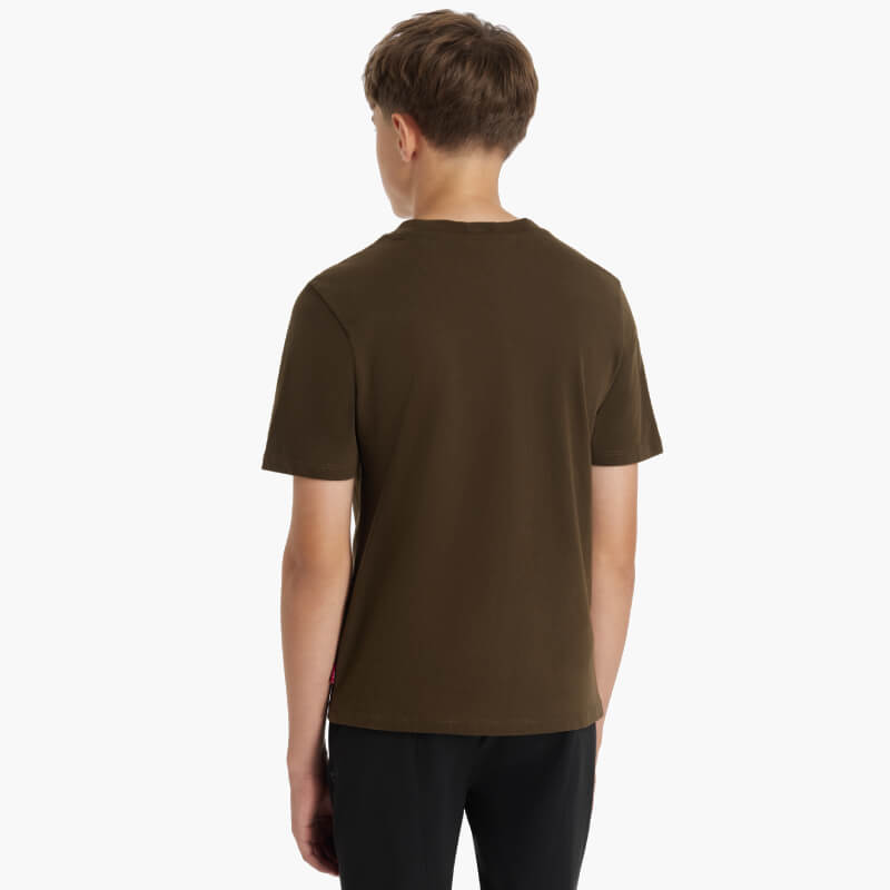 LeMieux Young Rider Boys T-Shirt Alpine in brown with black pants, back view on white background.