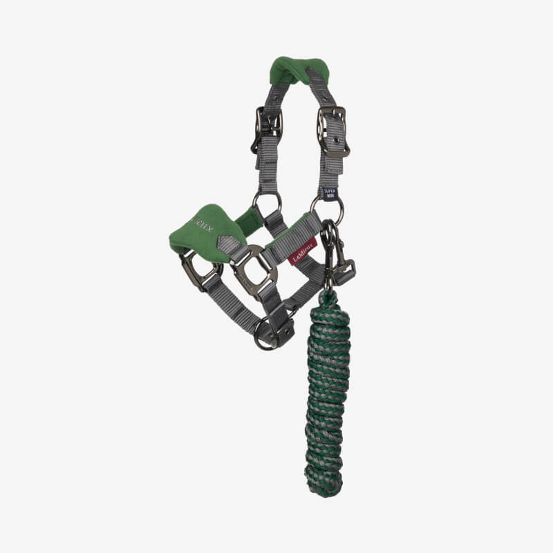 Palomino pony in a LeMieux Mini Vogue Headcollar & Leadrope Hunter Green, standing outdoors.