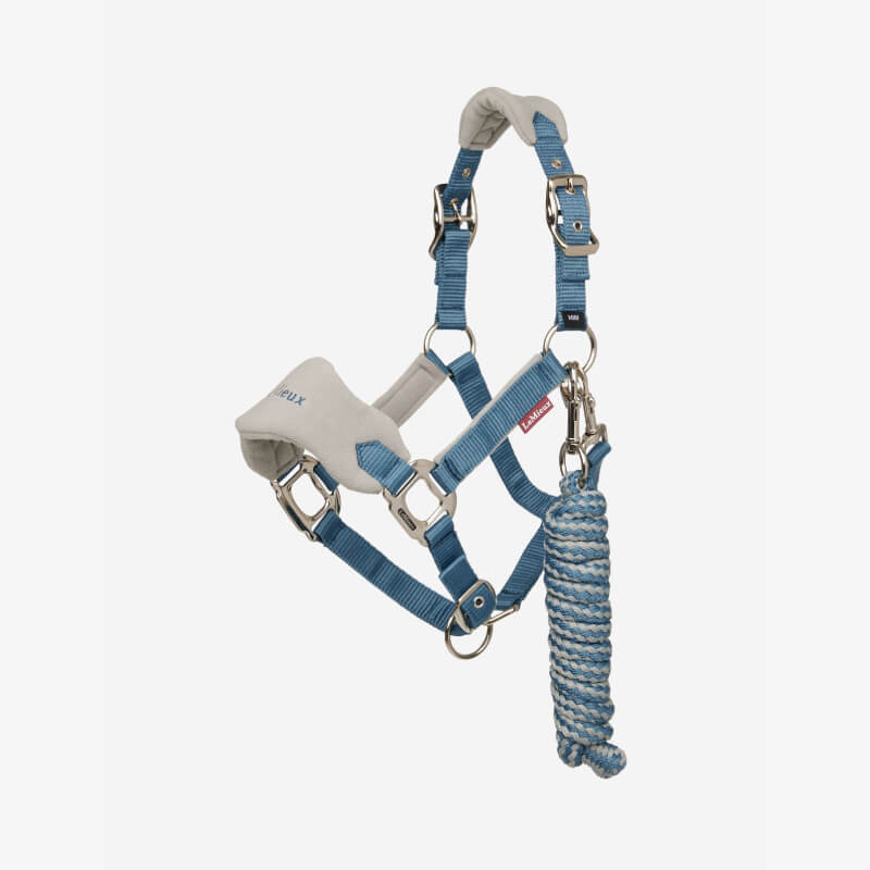 Brown and white pony in a LeMieux Mini Vogue Headcollar & Leadrope Ice Blue, outdoors.
