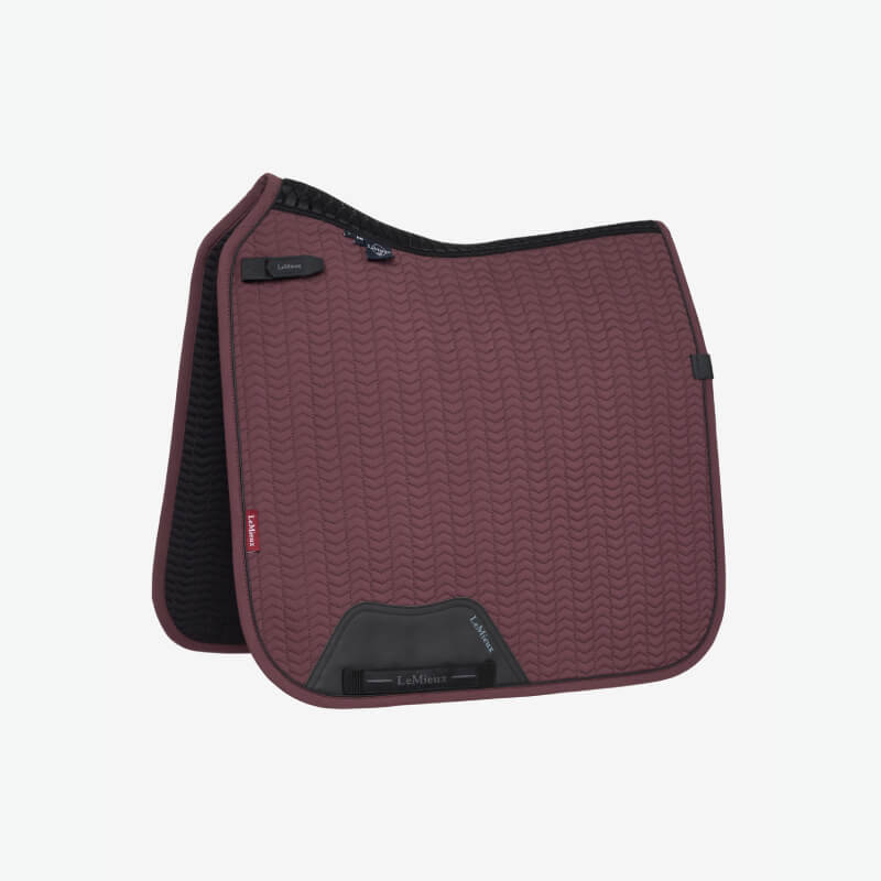 LeMieux Essence Dressage Square Damson with black trim and cooling technology.