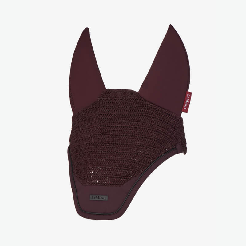 LeMieux Essence Acoustic Fly Hood Damson with fabric ears and side label.