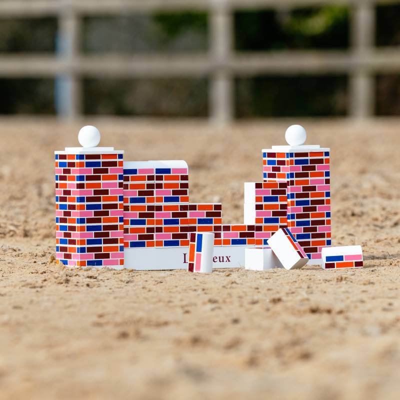 LeMieux Toy Pony Puissance Wall in a sandy arena with a black pony blurred in the background.