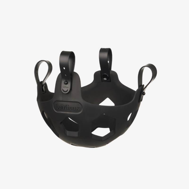 LeMieux Noma Grazing Muzzle Black with cut-outs and adjustable straps for weight control.
