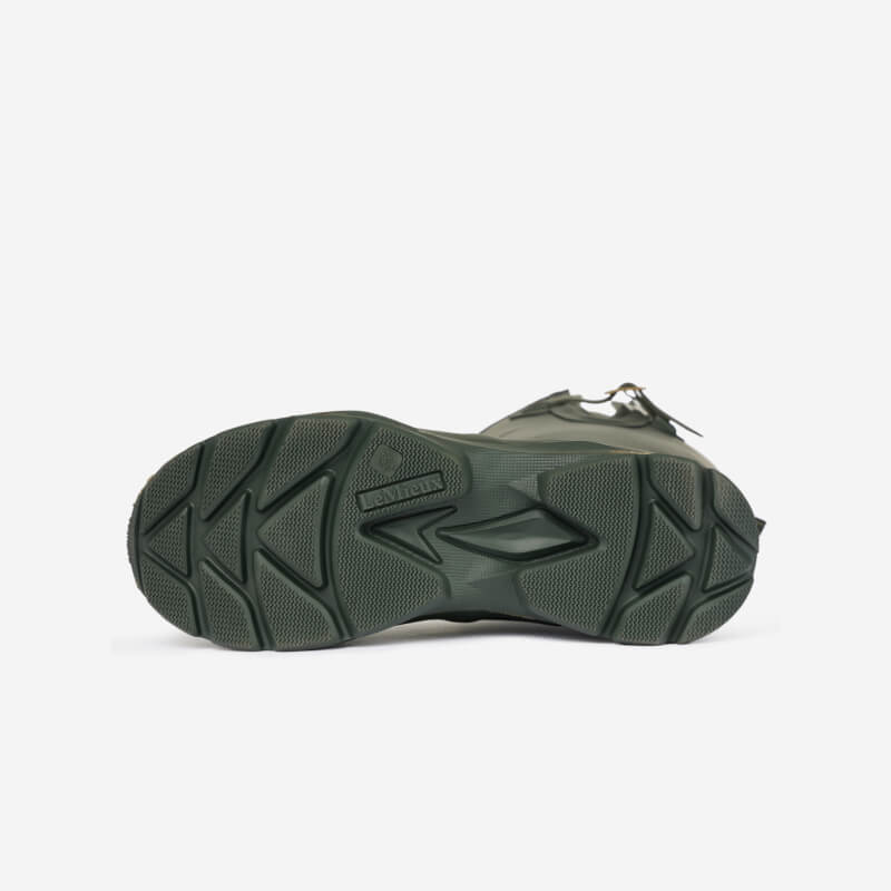 The Lemieux Ultra Stride Wellington Boots Oak's textured green sole shown against white.