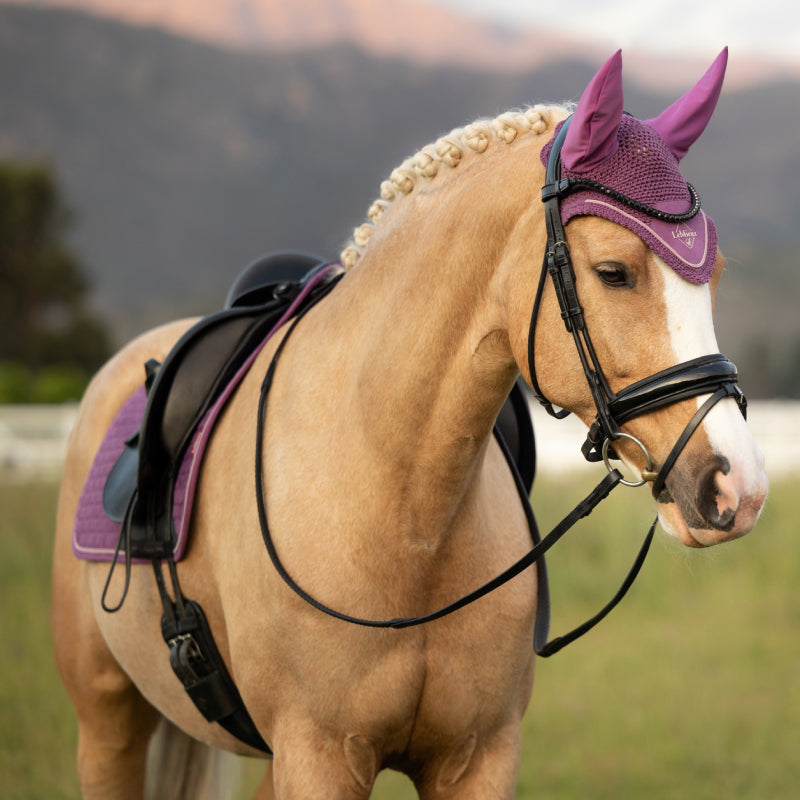 LeMieux Classic Fly Hood Mallow: equestrian ear bonnet with fabric ears and front logo.