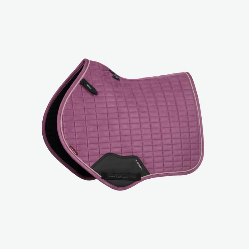 LeMieux Suede Close Contact Square Mallow saddle pad in purple with dark accents.