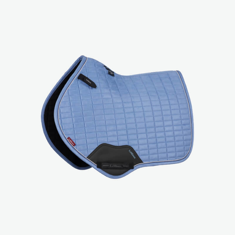LeMieux Suede Close Contact Square Powder Blue pad with black underside and patch.