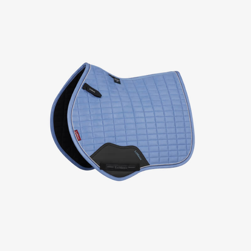 LeMieux Mini Suede Close Contact Square pad in powder blue with black underside and patch.