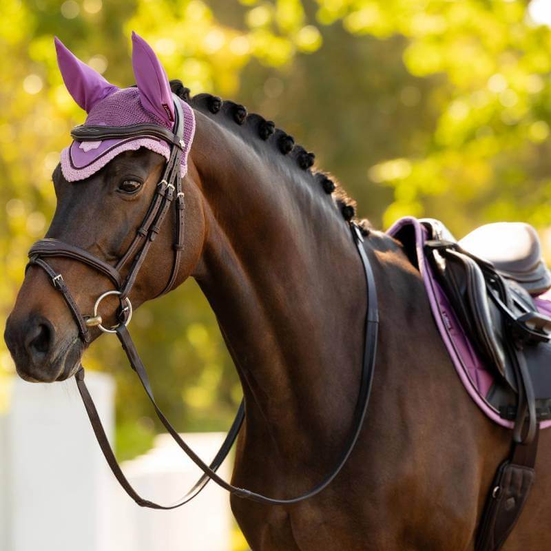 LeMieux Loire Fly Hood Mallow in pink with tall ears & front logo for horse ear protection.