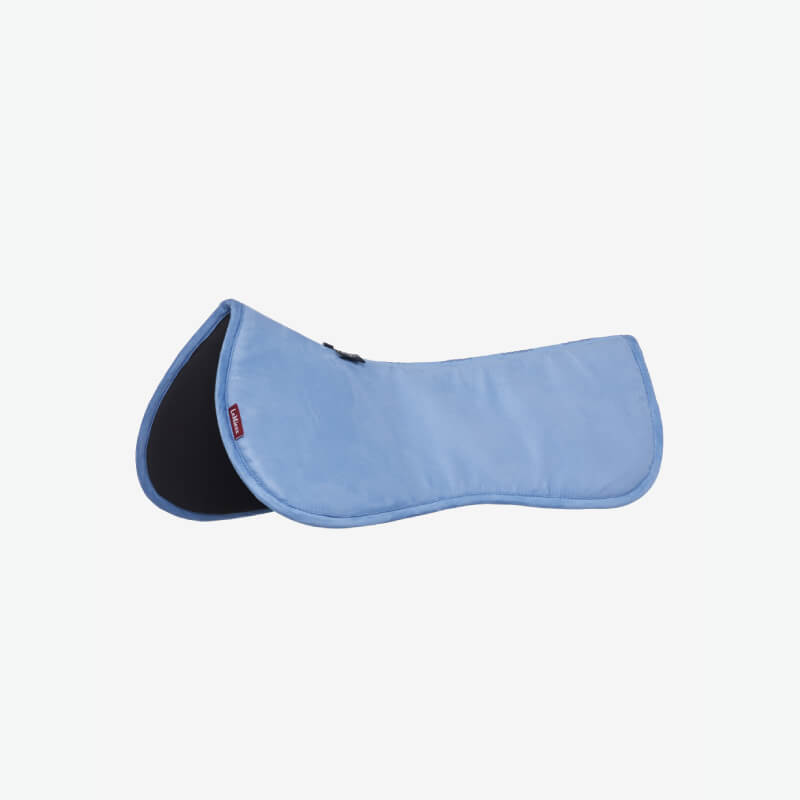 LeMieux Suede Half Pad Powder Blue with black underside shown on a white background.