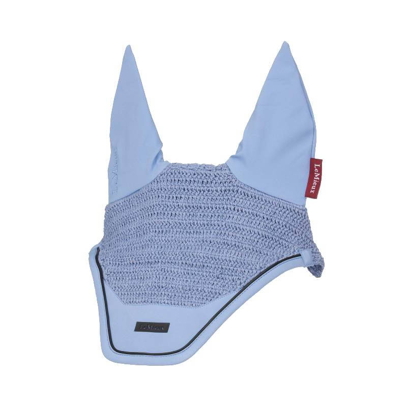 LeMieux Essence Fly Hood in powder blue with two ear covers and side red label.
