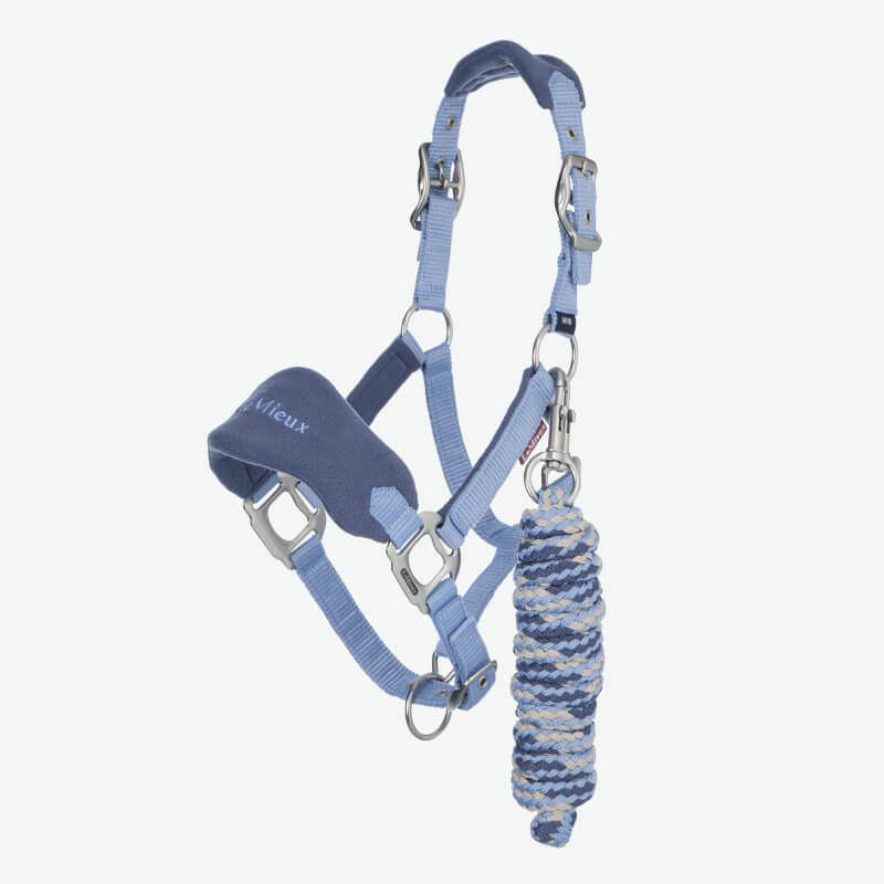 Brown and white pony in a LeMieux Mini Vogue Headcollar & Leadrope Powder Blue stands outside.