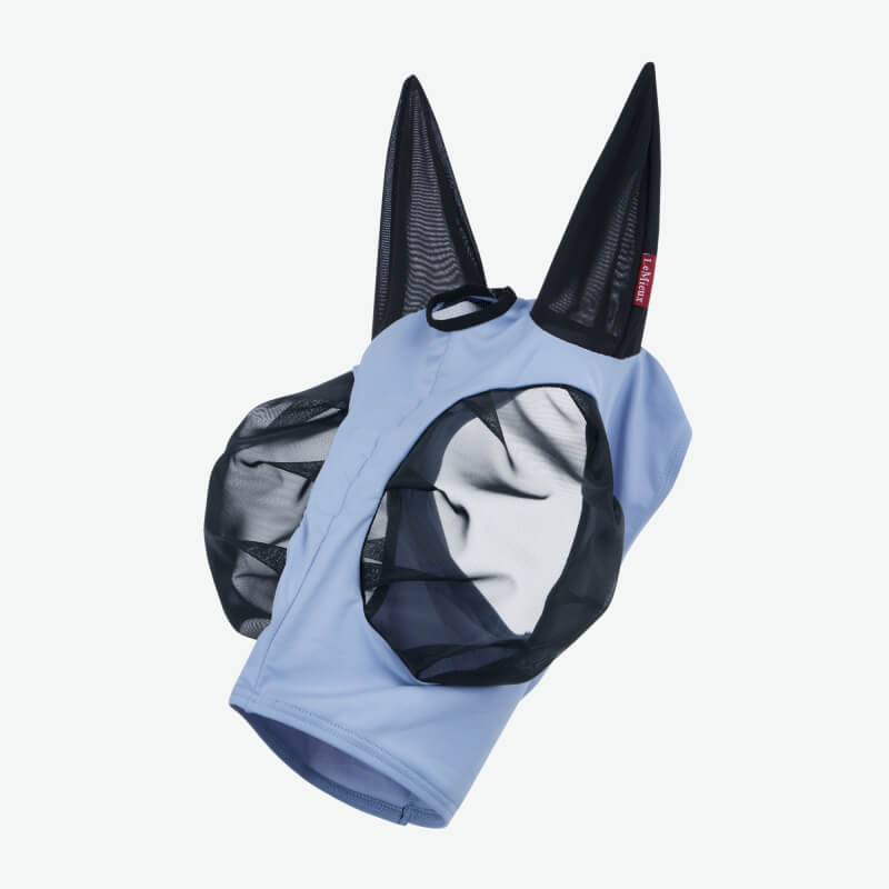 LeMieux Bug Relief Half Fly Mask in Powder Blue, designed for comfort and UV protection.