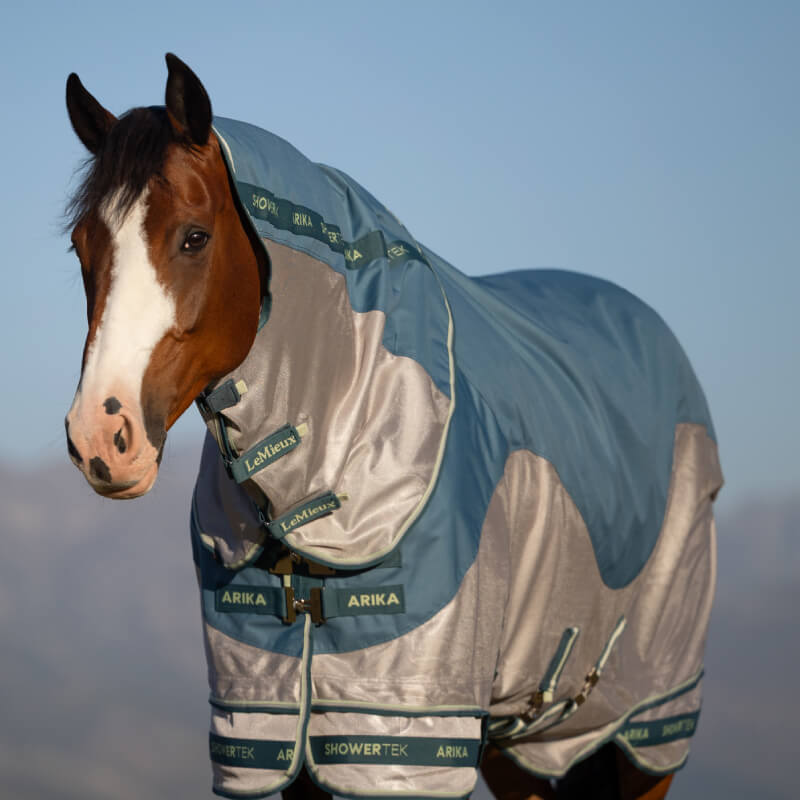 Brown horse in LeMieux Arika Camo Shower-Tek Fly Rug Jungle grazes with mountains behind.
