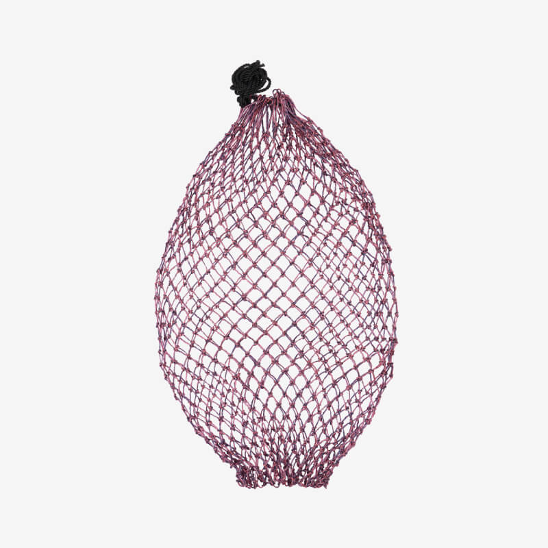 LeMieux Hippo Lite Haynet in Navy/Mallow with small holes and black drawstring.