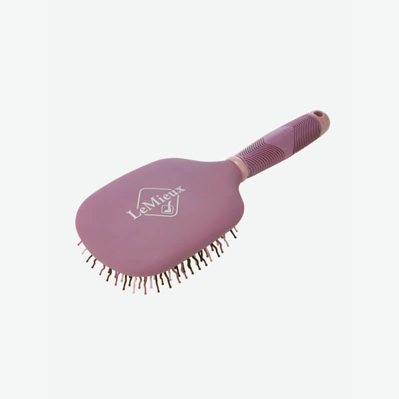 LeMieux Tangle Tidy Mallow detangling brush with pink textured handle and logo on the back.