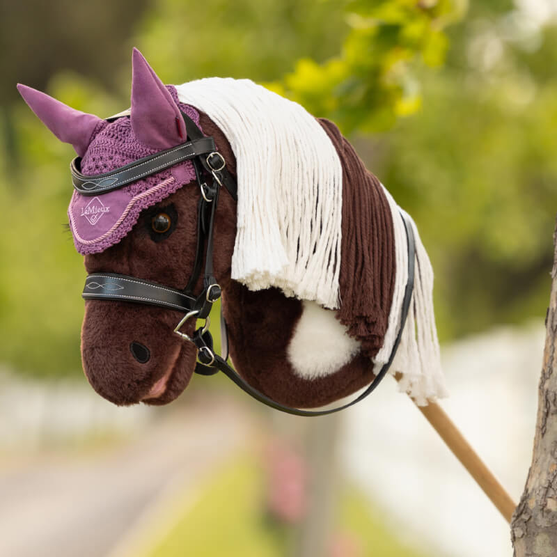 LeMieux Hobby Horse Fly Hood Mallow: purple crochet, LeMieux logo on front, for hobby horses.