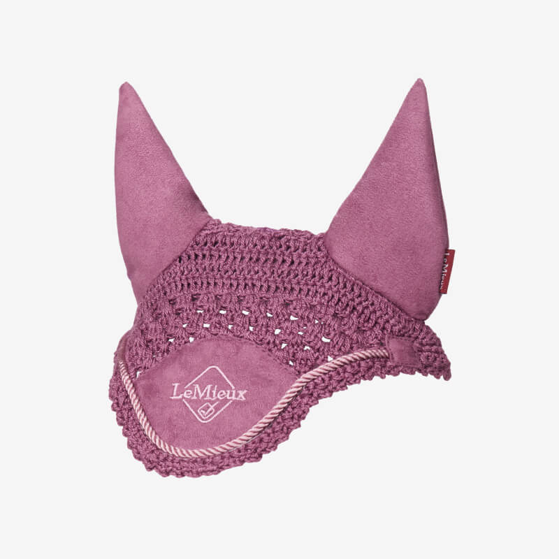 LeMieux Hobby Horse Fly Hood Mallow: purple crochet, LeMieux logo on front, for hobby horses.
