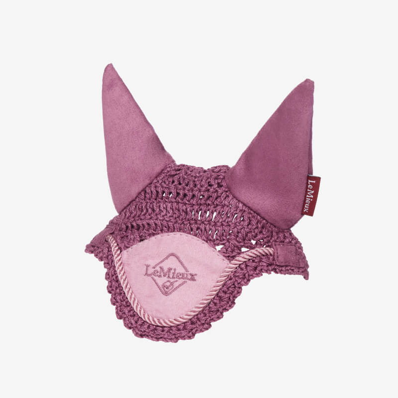 LeMieux Toy Pony Fly Hood Mallow: purple crochet with tall ears and front logo.