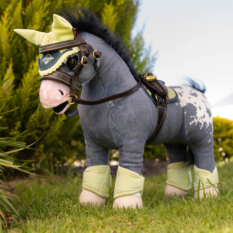 Two LeMieux Toy Pony Mesh Brushing Boots Macaron in beige on a white background.