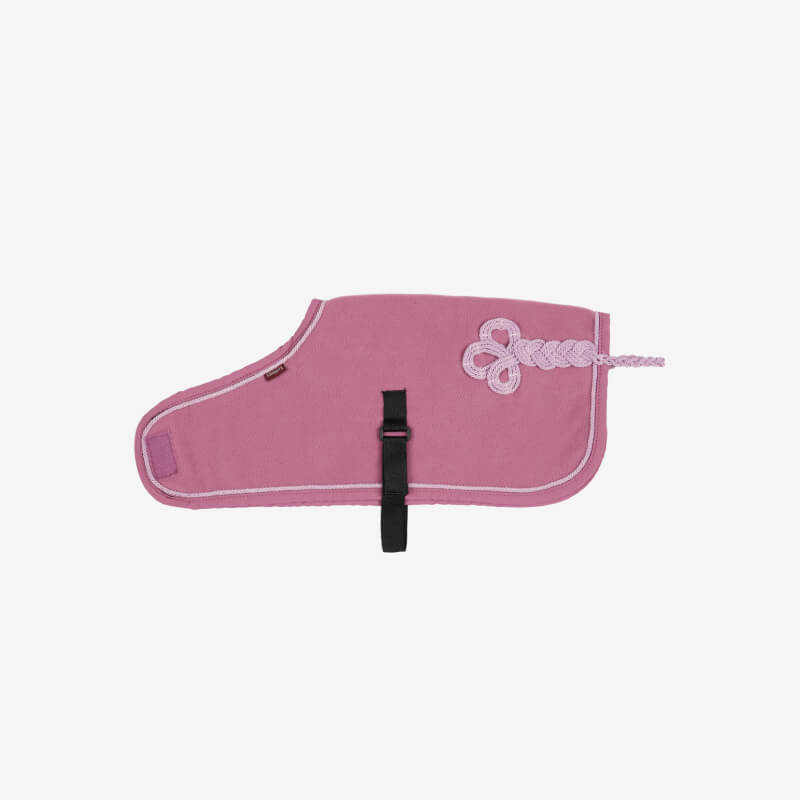 Pink LeMieux Toy Pony Rug Mallow with white trim, black strap, and braided tail accent.