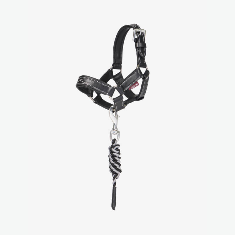 LeMieux Toy Pony Leather Headcollar & Leadrope Black—plush horse with black yarn mane and tack.