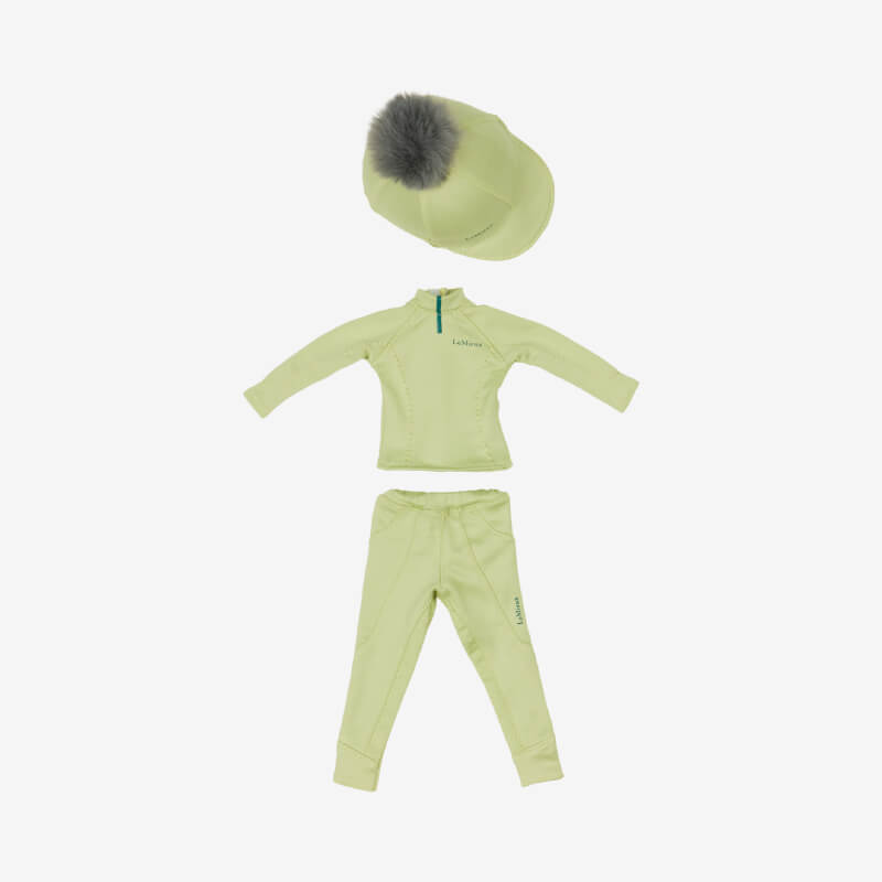 LeMieux Toy Rider Outfit Macaron: light yellow kids set with long sleeves, pants, gray pom-pom hat.