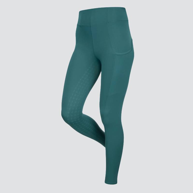 LeMieux Naomi Pull On Breech Jungle: teal, high-waisted, side pockets, subtle leg pattern.