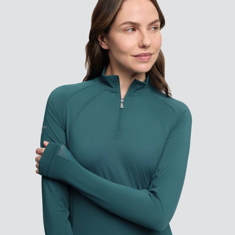 LeMieux Halle Jungle: Teal UV30+ quarter-zip top for riding comfort in hot climates.