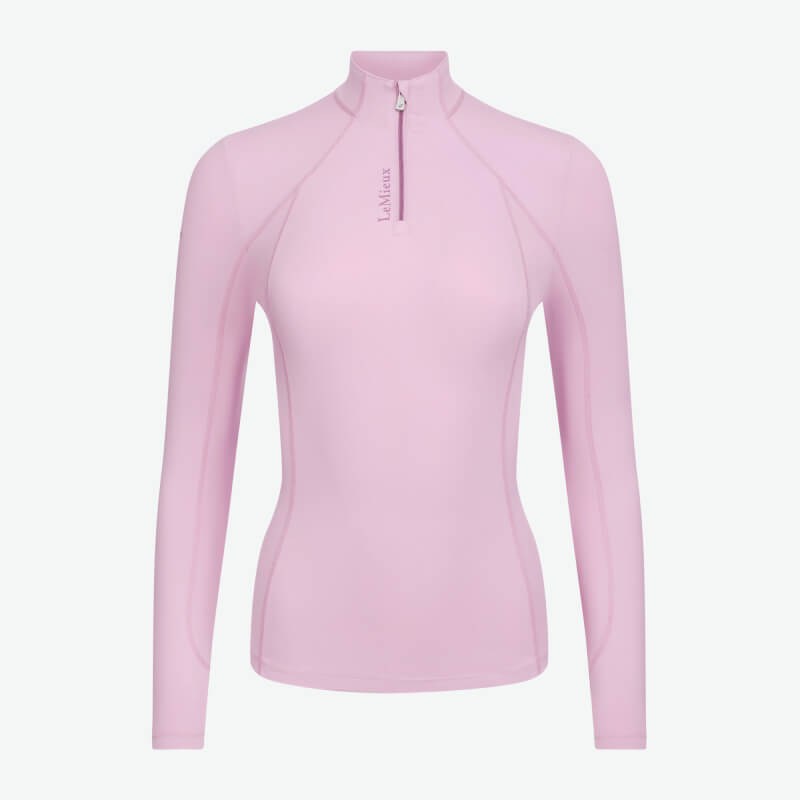 LeMieux Classique Baselayer Fondant: light pink, long sleeves, high collar, front zipper.