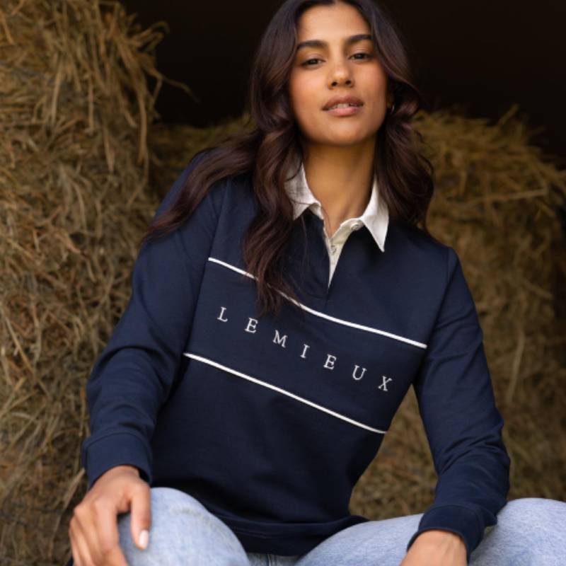 LeMieux Rochelle Rugby Shirt Navy: heavyweight, white collar, bold LeMieux text on chest.