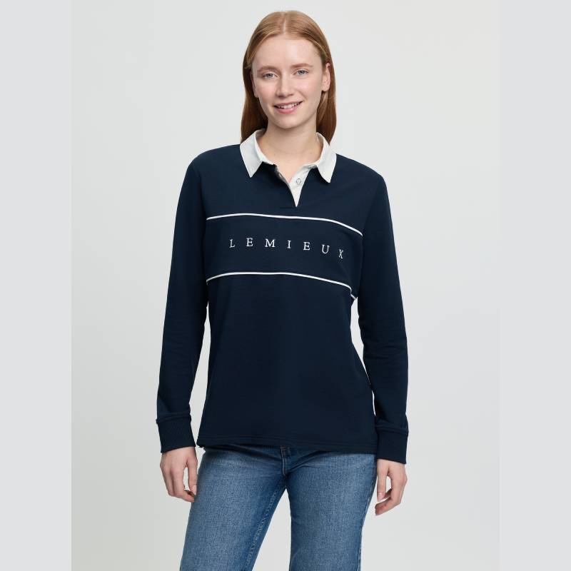 Woman smiling in LeMieux Rochelle Rugby Shirt Navy.