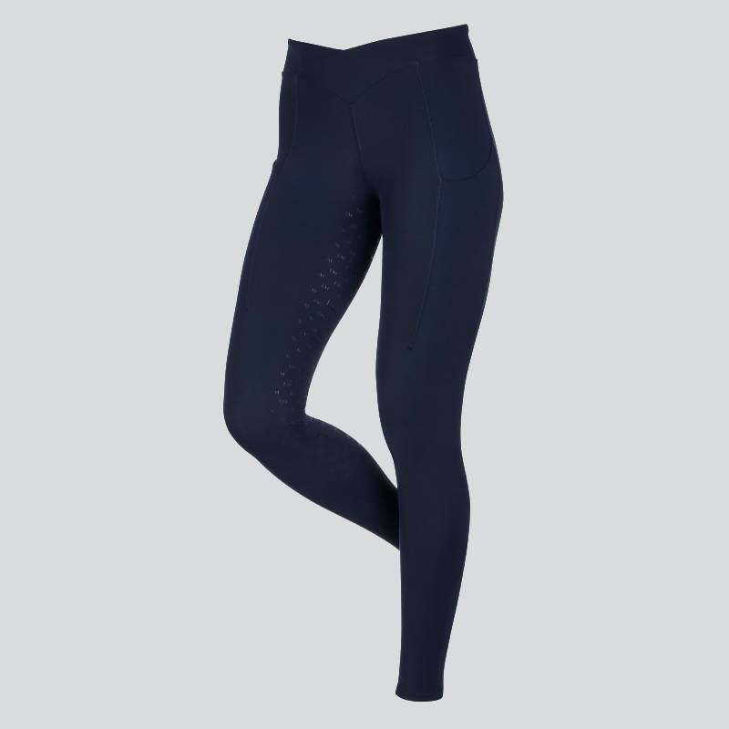 LeMieux Simone Cross Over Half Seat Pull On Navy tights with side pockets on a gray background.