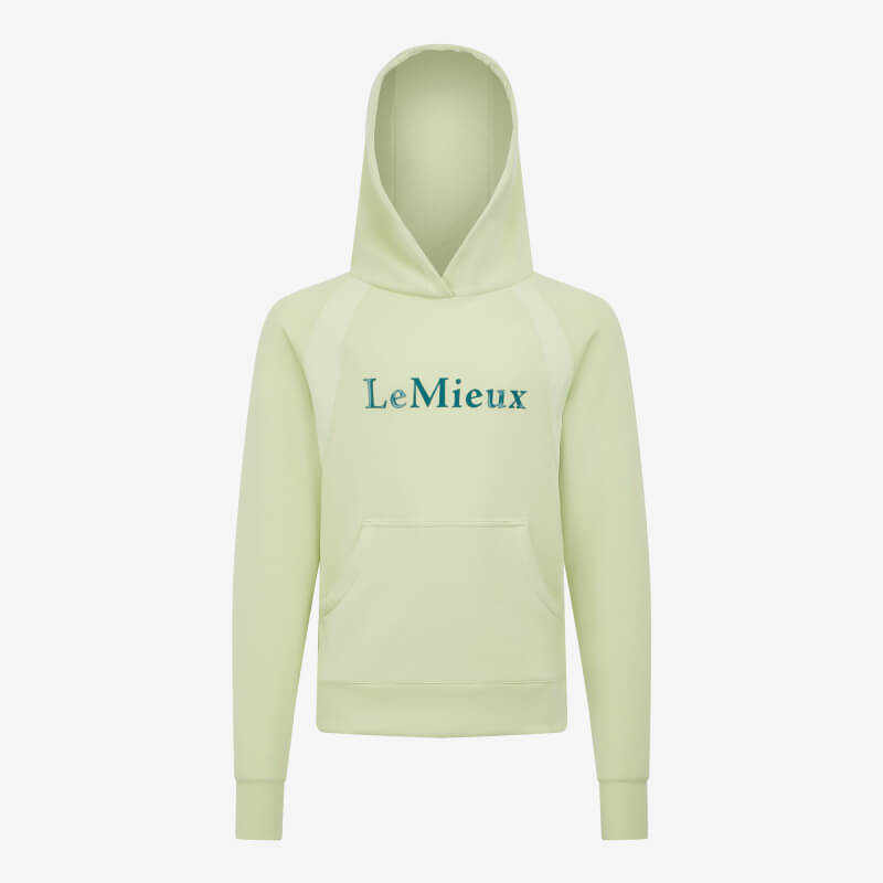 Light yellow LeMieux Young Rider Nancy Hoodie Macaron, blue lettering, on a plain background.