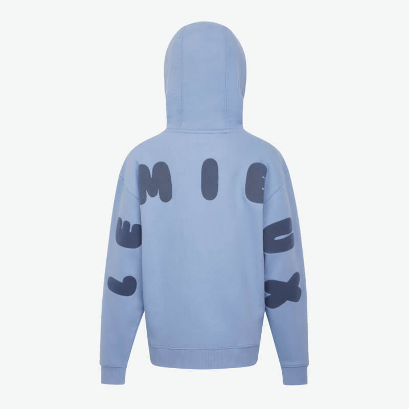 LeMieux Young Rider Sia Hoodie in powder blue with dark back and sleeve lettering, hood up.