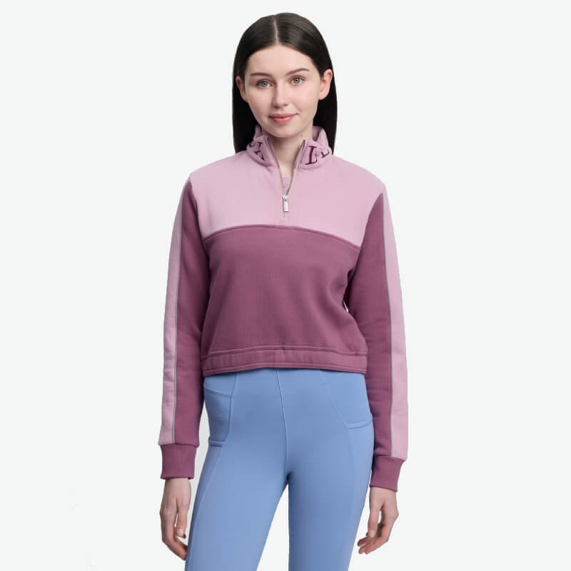 LeMieux Young Rider Cropped Kate Quarter Zip Mallow—pink mauve riding top with collar text.