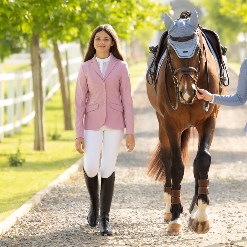 LeMieux Young Rider Kennedy Show Jacket Fondant, a light pink tailored blazer with notched lapel.