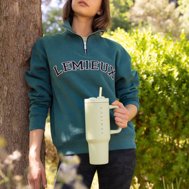 Light green LeMieux Sports Cup Macaron tumbler with handle, lid, straw; LEMIEUX written vertically.