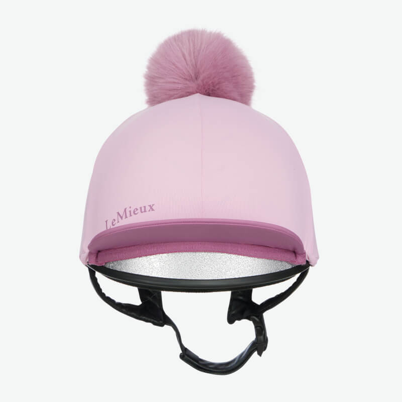 LeMieux Classique Pom Hat Silk Fondant in pink with faux fur pom and secure chin strap.
