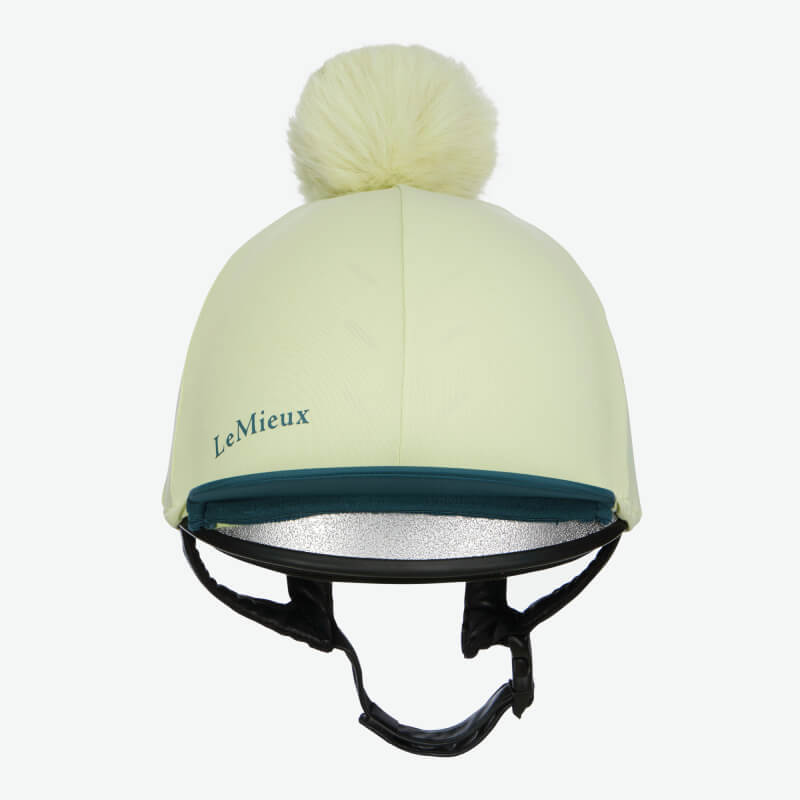 LeMieux Classique Pom Hat Silk Macaron in light yellow with faux fur pom and side logo text.