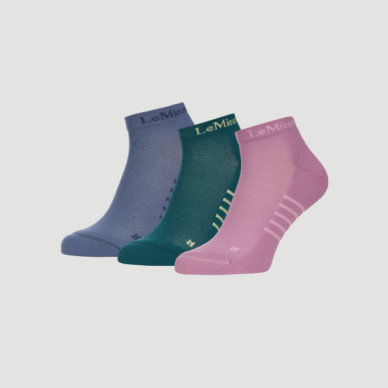 LeMieux Trainer Sock Multi 3pk: blue, green, pink socks with LeMieux on the cuff.