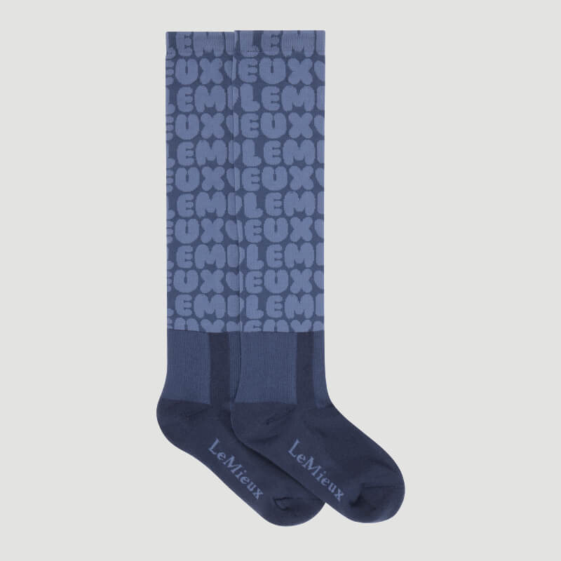LeMieux Footsie Socks Bubble Font Shadow: Blue knee-highs with a bubble font pattern.