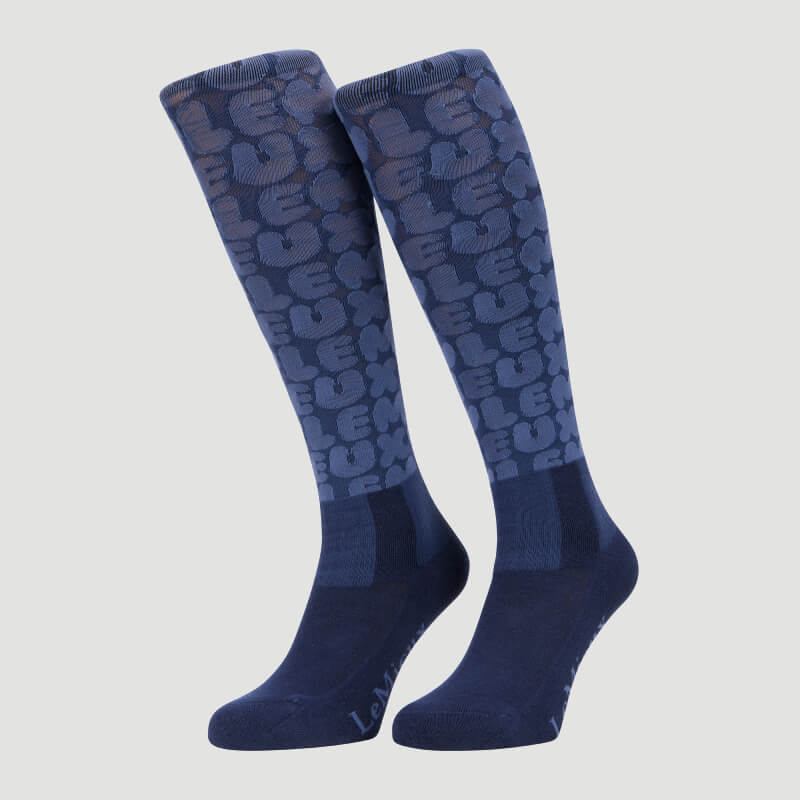 LeMieux Footsie Socks Bubble Font Shadow: Blue knee-highs with a bubble font pattern.
