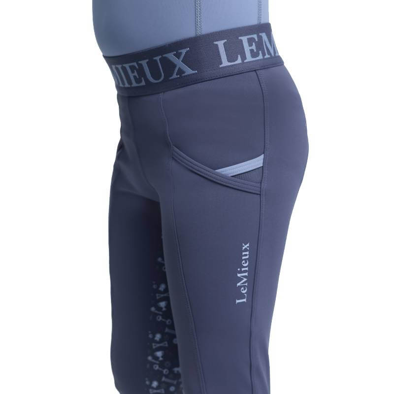 Gray LeMieux Mini Pull On Breech Shadow, lightweight, sweat-wicking, with side pocket and logo.