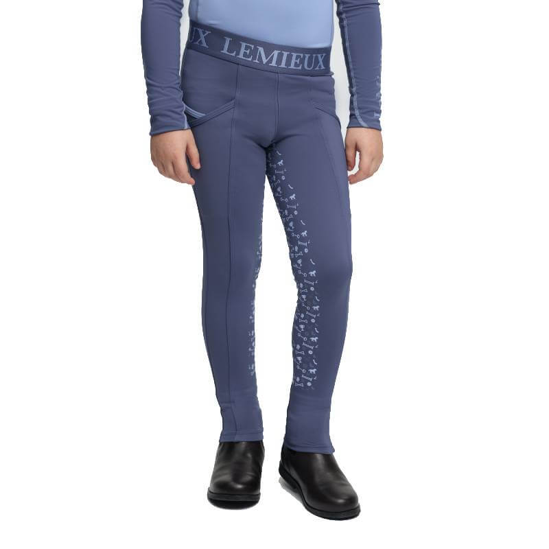LeMieux Mini Pull On Breech Shadow: blue kids’ leggings with pocket and printed seat grip.